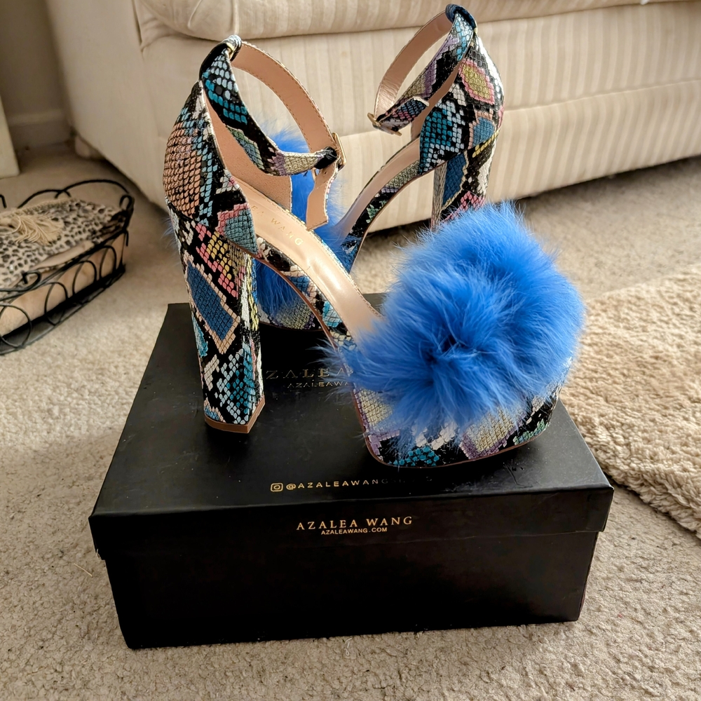 Blue Snakeskin Heels with Pom-Pom Detail